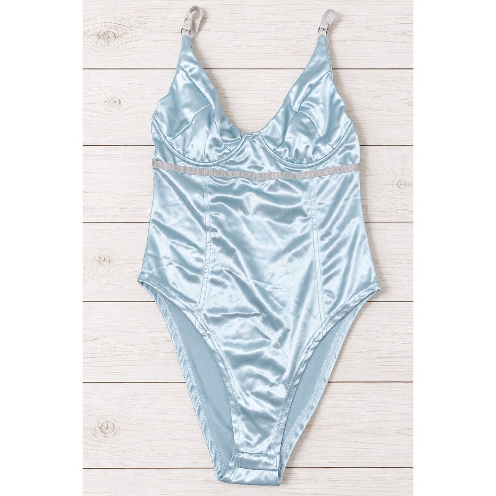 Bodysuit Light Blue Satin Underwire High Cut Lingerie Pastel Y2K Fairycore Small